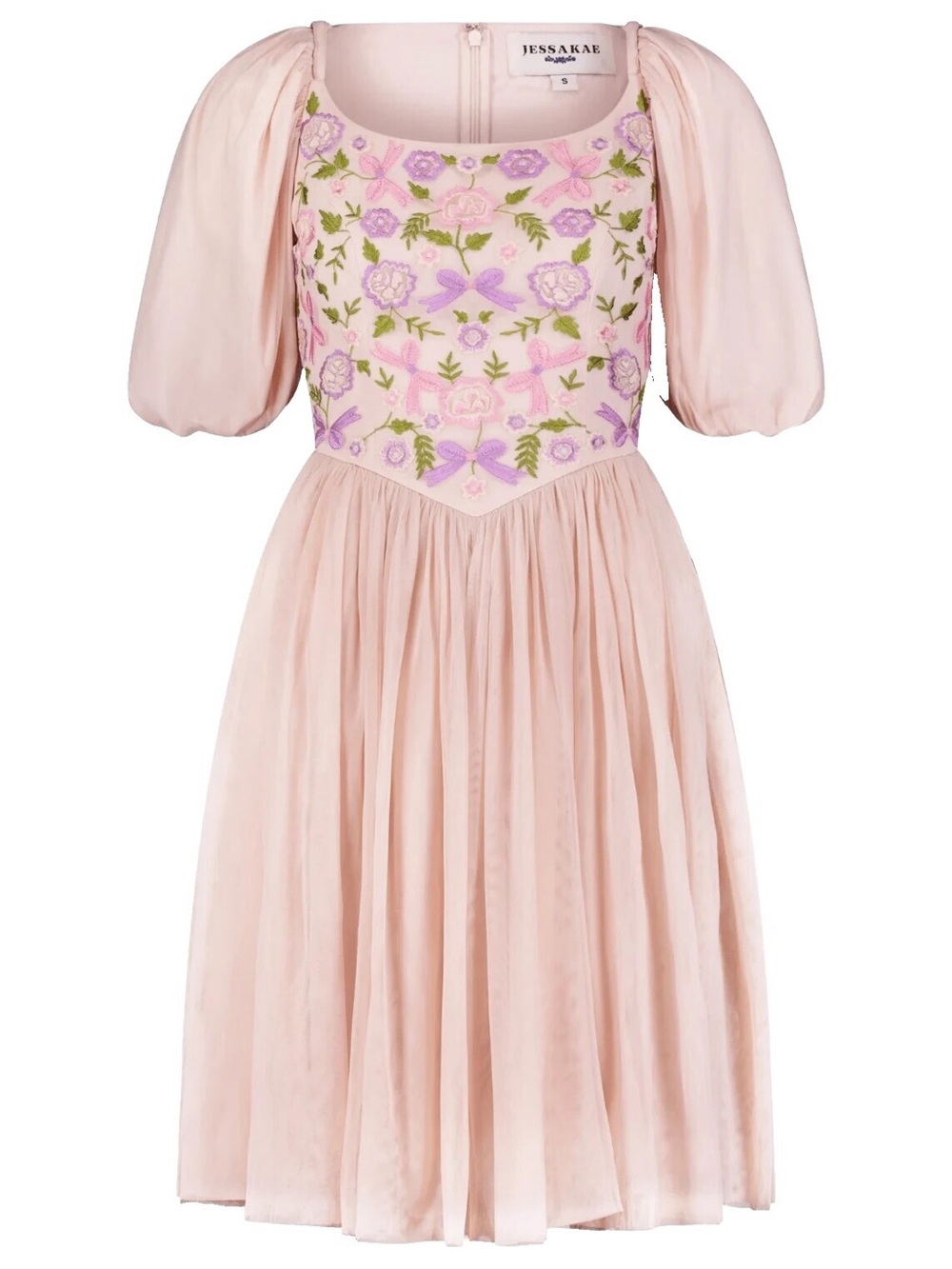 JessaKae Blush Pink Embroidered Puff Sleeve Dress